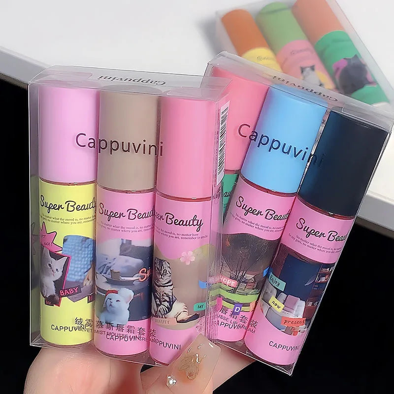 1PC/3PC Lovely Cat Collage Lipgloss Long Lasting Matte Lipstick Lip Makeup Tint Nude Red Lipgloss Waterproof Lipstick Cosmetics