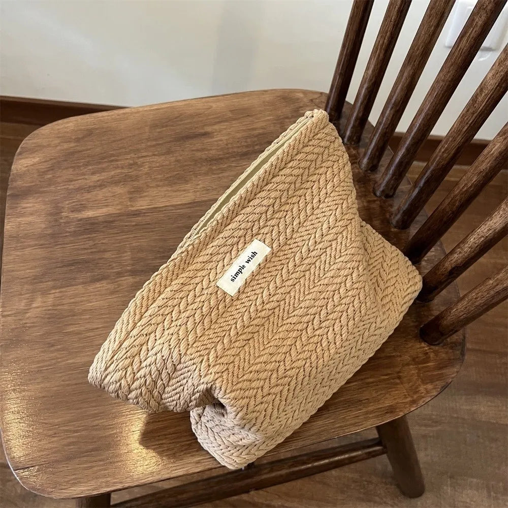 Handbag Woven Fabric Makeup Bag for Women Large Capacity Solid Color Cosmetic Pouch Small Organizer Zipper Beauty Case Travel