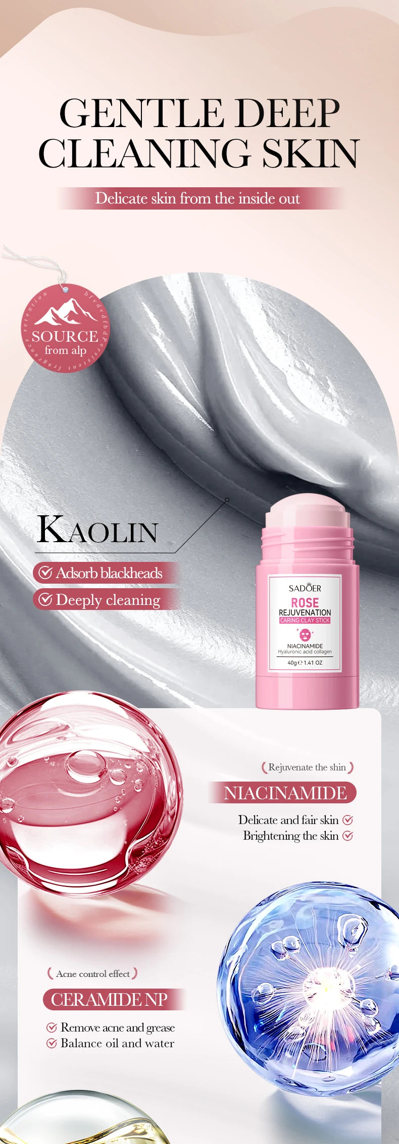 SADOER Rose Face Masks Stick Clay Mask Shrink Pores Deep Blackhead Remover Facial Cleansing Moisturizing