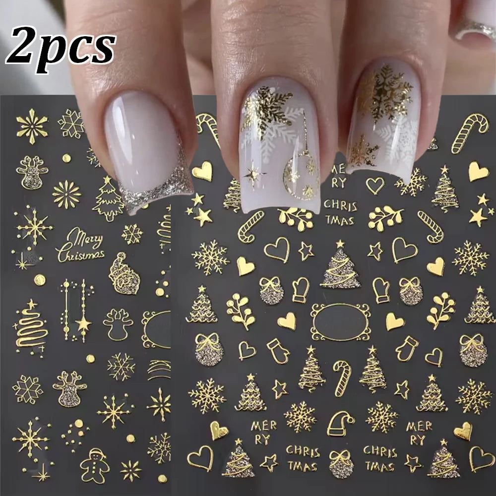 2pcs Luxury Gold Christmas 3D Nail Sticker Glitter Snowflakes Xmas Tree Gingerbread Nail Decals Adhesive Winter Xmas Nail Slider