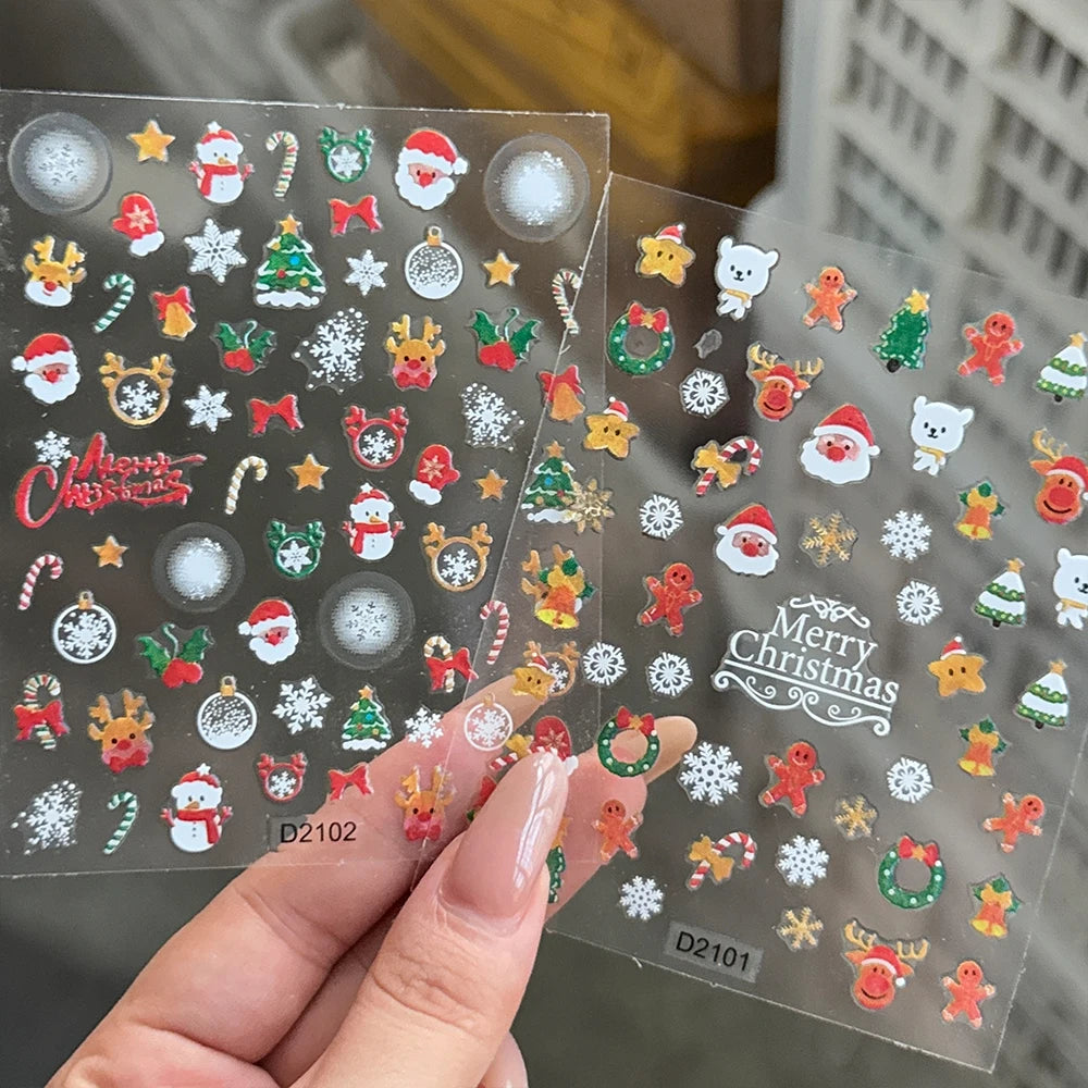 2pcs Luxury Gold Christmas 3D Nail Sticker Glitter Snowflakes Xmas Tree Gingerbread Nail Decals Adhesive Winter Xmas Nail Slider