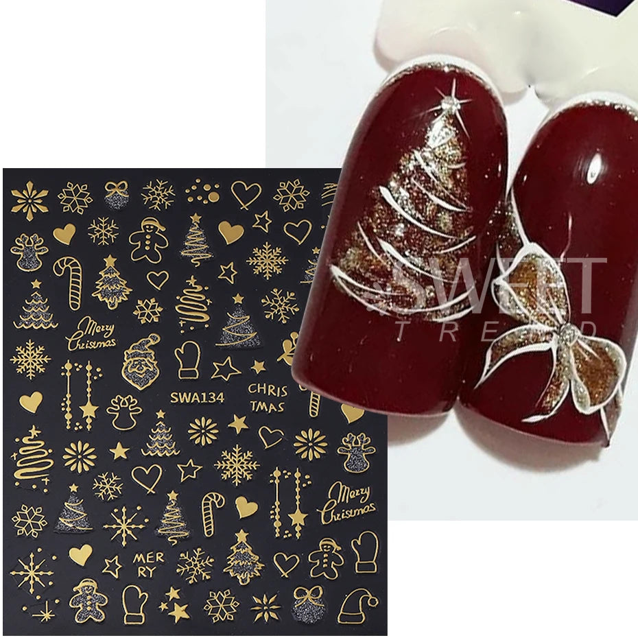 2pcs Christmas Nail Art Stickers Glitter Gold Silver Snowflake Xmas Tree Gingerbread DIY Nail Decoration Winter Manicure Decals