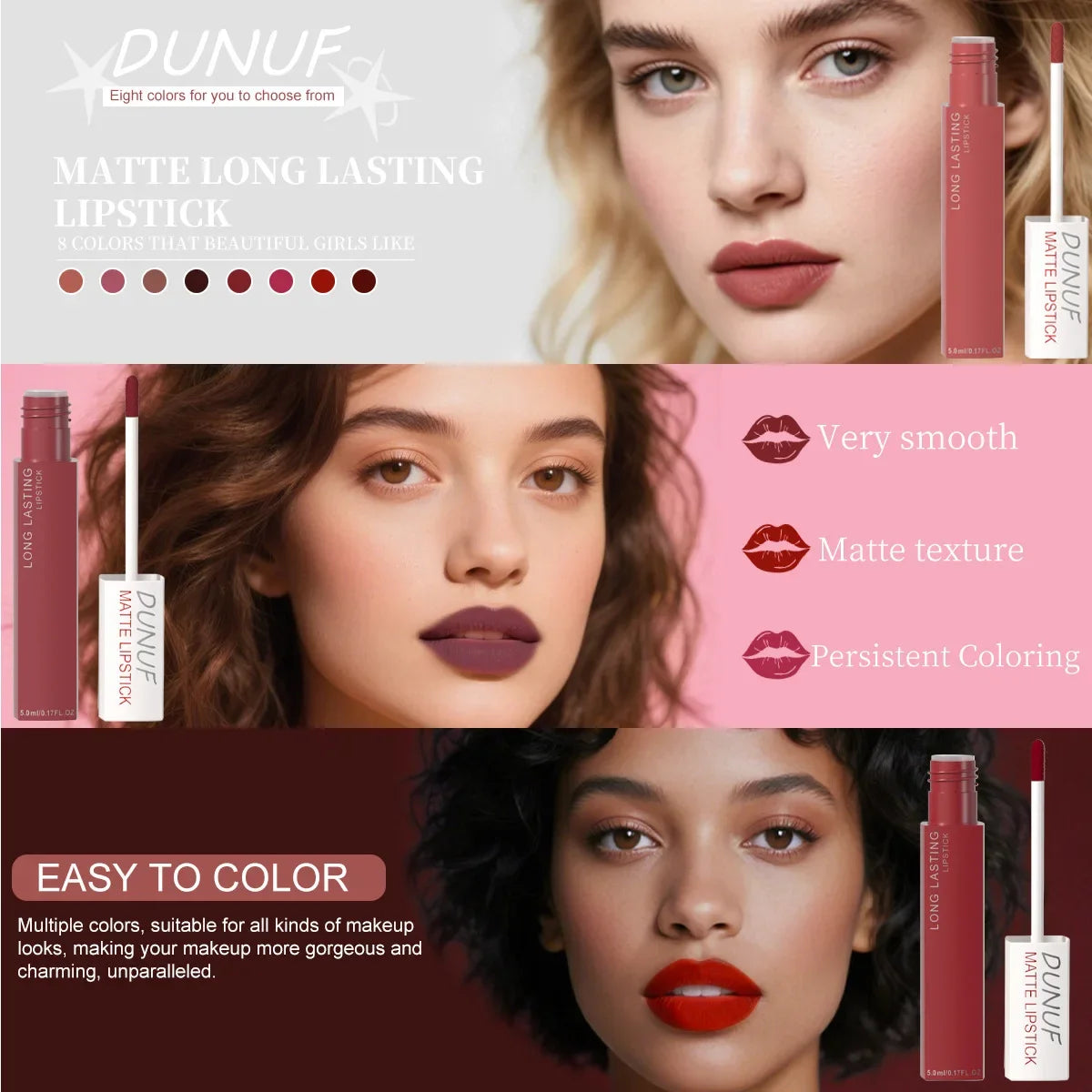 8PCS Long Lasting Matte Lipstick Set Waterproof Non Sticky Lip Glaze Never Fade Non Transfer Lipgloss