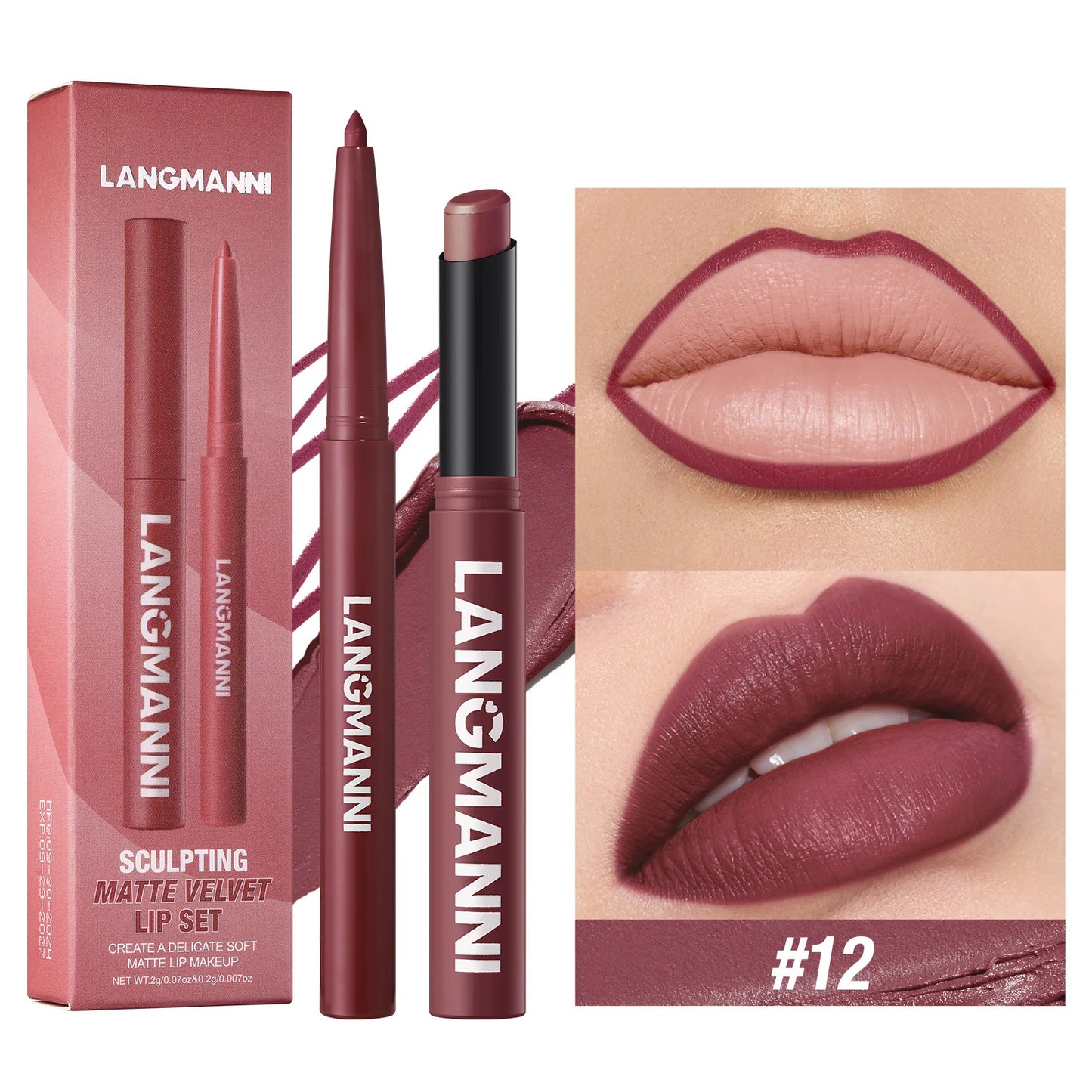 2Pcs/Set Matte Lipstick Lip Liner Pencil Non-Stick Cup Long-Lasting Velvet Red Lipstick Pen Smooth Lipliner Waterproof Makeup