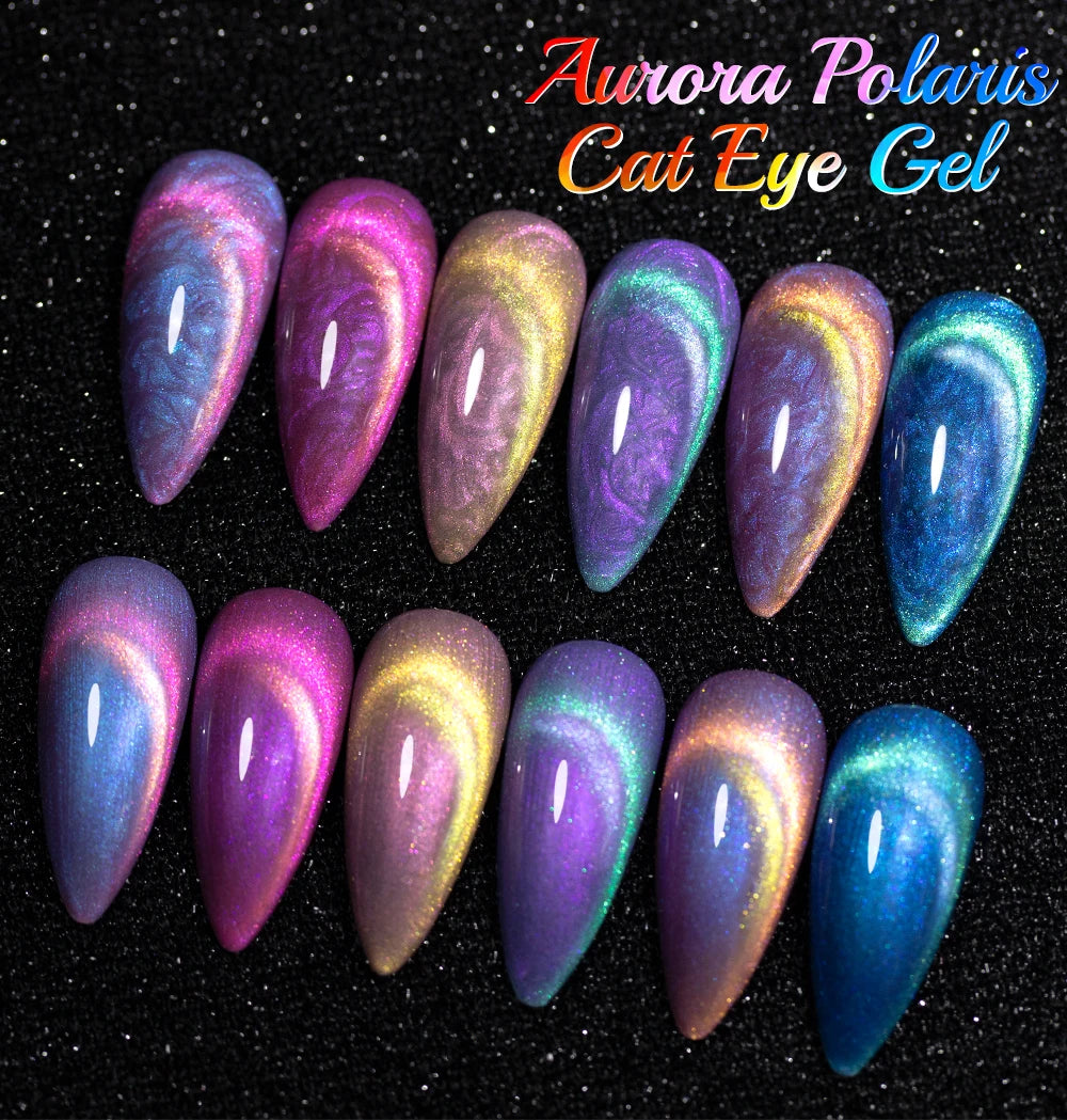 PUENTE 6pcs/set Aurora Shell Thread Cat Magnetic Gel Nail Polish 9D Aurora Glitter Pearl Cat Eye Soak Off UV Nail Art Varnish