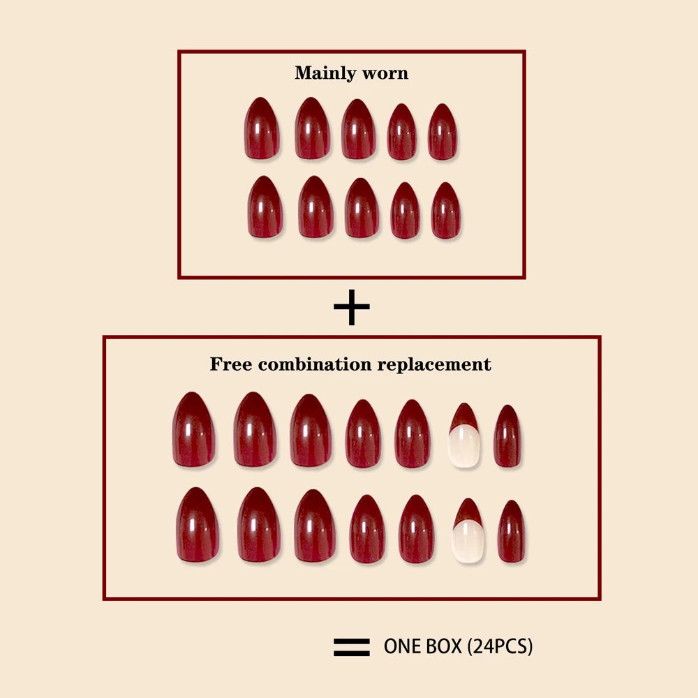 24Pcs/Set Women Girls Trendy Medium Almond French Wine Red Geometric Stripes Full Coverage Wearable Fake Nail Press on Nail Art