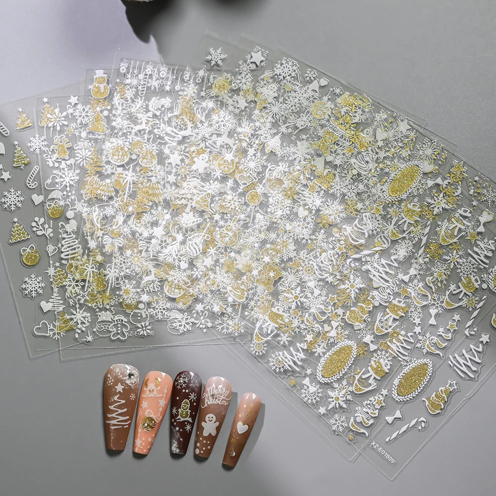12pcs Christmas Golden Glitter Nail Stickers - Sparkling White Snowflakes, Christmas Trees Winter Nail Decoratio Manicure Decals
