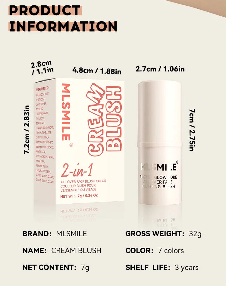 Multi-Tone Creamy Blush Stick Makeup Long-Lasting Waterproof Simple High-End Lip Cheek Tint High Pigment Hydrating Pink Blusher