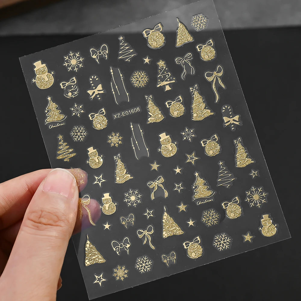 1Pcs 3D Gold Santa Claus Christmas Tree Nail Sticker Bronzing Shiny Snowflake Elk Bowknot Star Elegant Winter Xmas Nail Decals&%