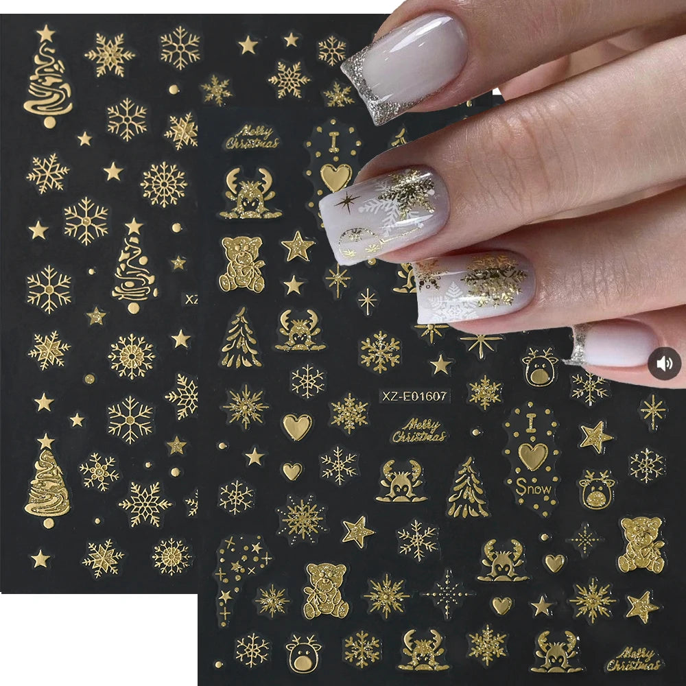 2pcs Luxury Gold Christmas 3D Nail Sticker Glitter Snowflakes Xmas Tree Gingerbread Nail Decals Adhesive Winter Xmas Nail Slider