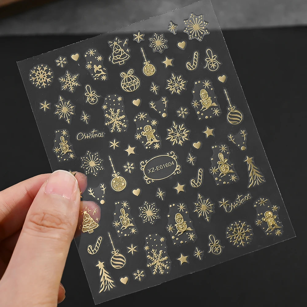 1Pcs 3D Gold Santa Claus Christmas Tree Nail Sticker Bronzing Shiny Snowflake Elk Bowknot Star Elegant Winter Xmas Nail Decals&%