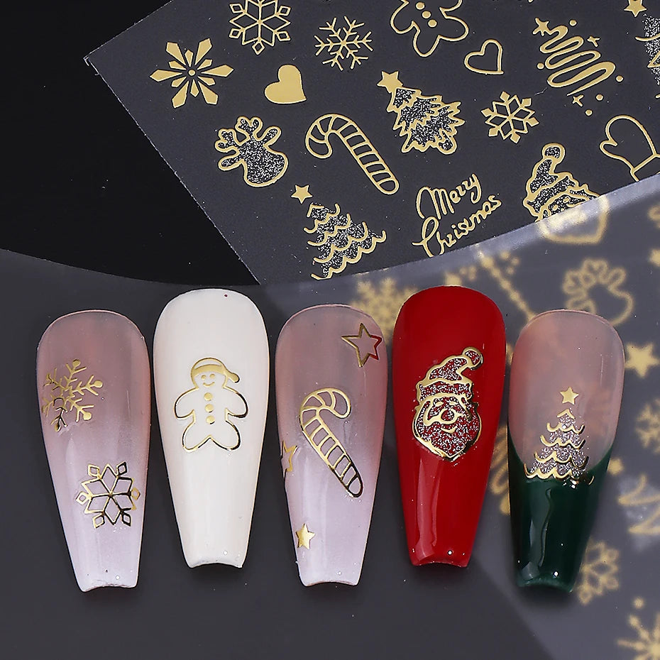 2pcs Gold Silver Christmas Nail Stickers 3D Bronzing Snowflake Xmas Tree Gingerbread Adhesive Decals DIY Winter Manicure Decor