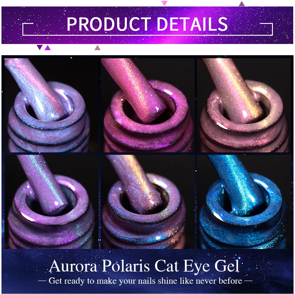 PUENTE 6pcs/set Aurora Shell Thread Cat Magnetic Gel Nail Polish 9D Aurora Glitter Pearl Cat Eye Soak Off UV Nail Art Varnish