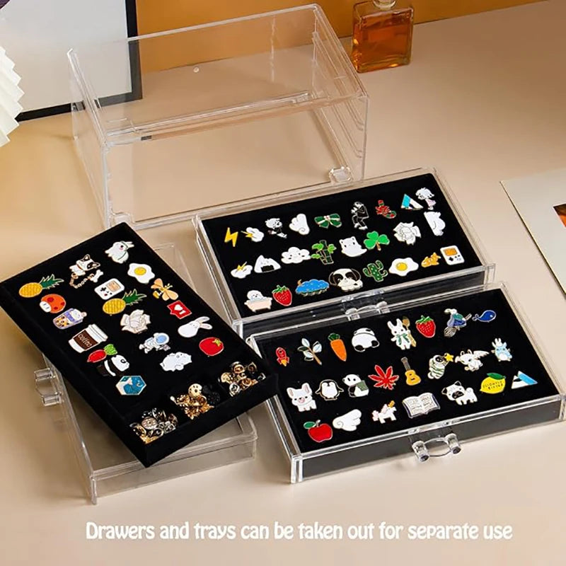 Pin Display Box, 3 Drawers Enamel Pin Display Box Dustproof Pin Collection Display Clip Pin Storage Rack