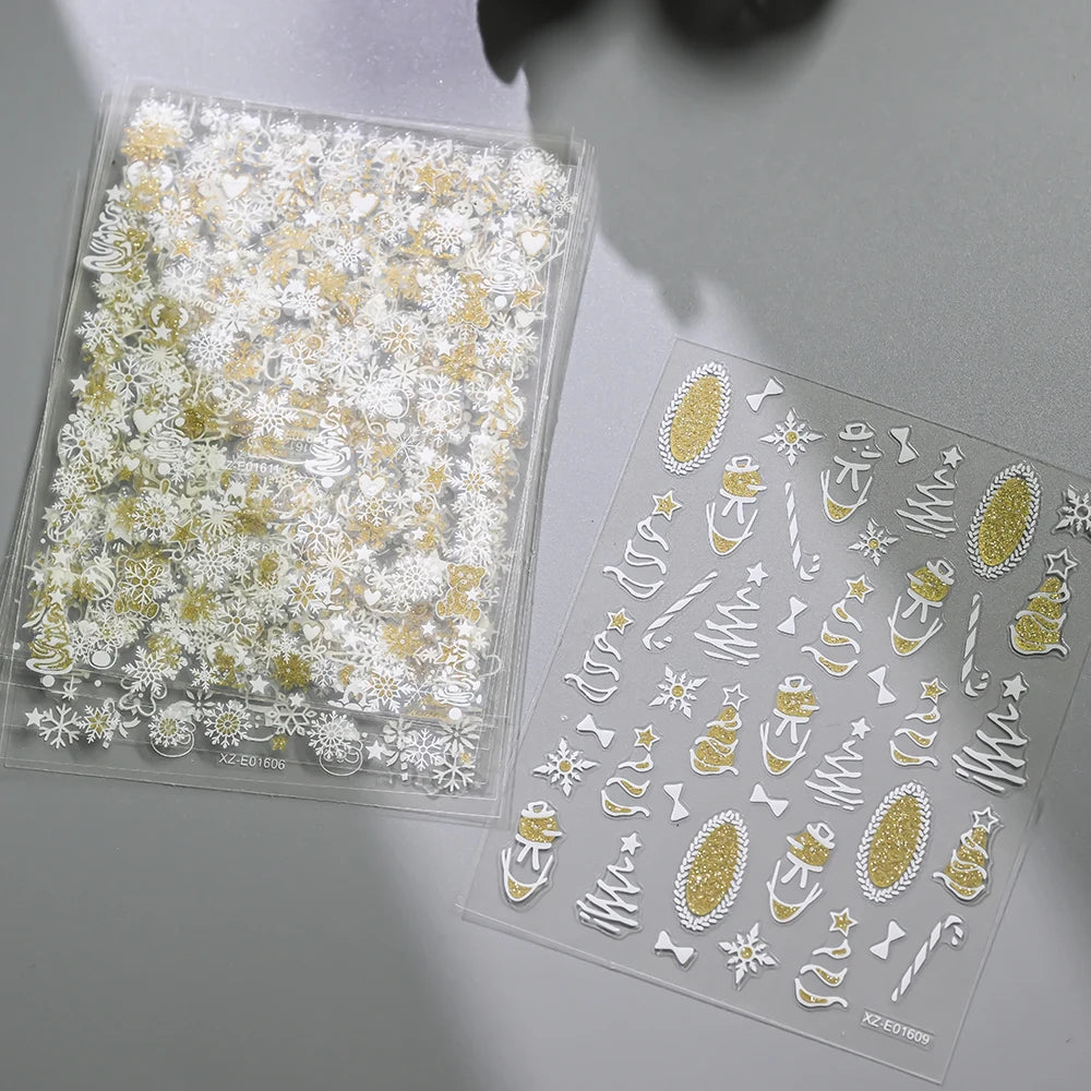12pcs Christmas Golden Glitter Nail Stickers - Sparkling White Snowflakes, Christmas Trees Winter Nail Decoratio Manicure Decals