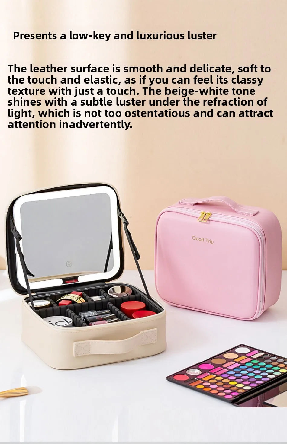 Premium LED Travel Cosmetic Bag with Mirror Women's Portable Large Capacity Makeup Brush Case Portable Partition Beauty Bag