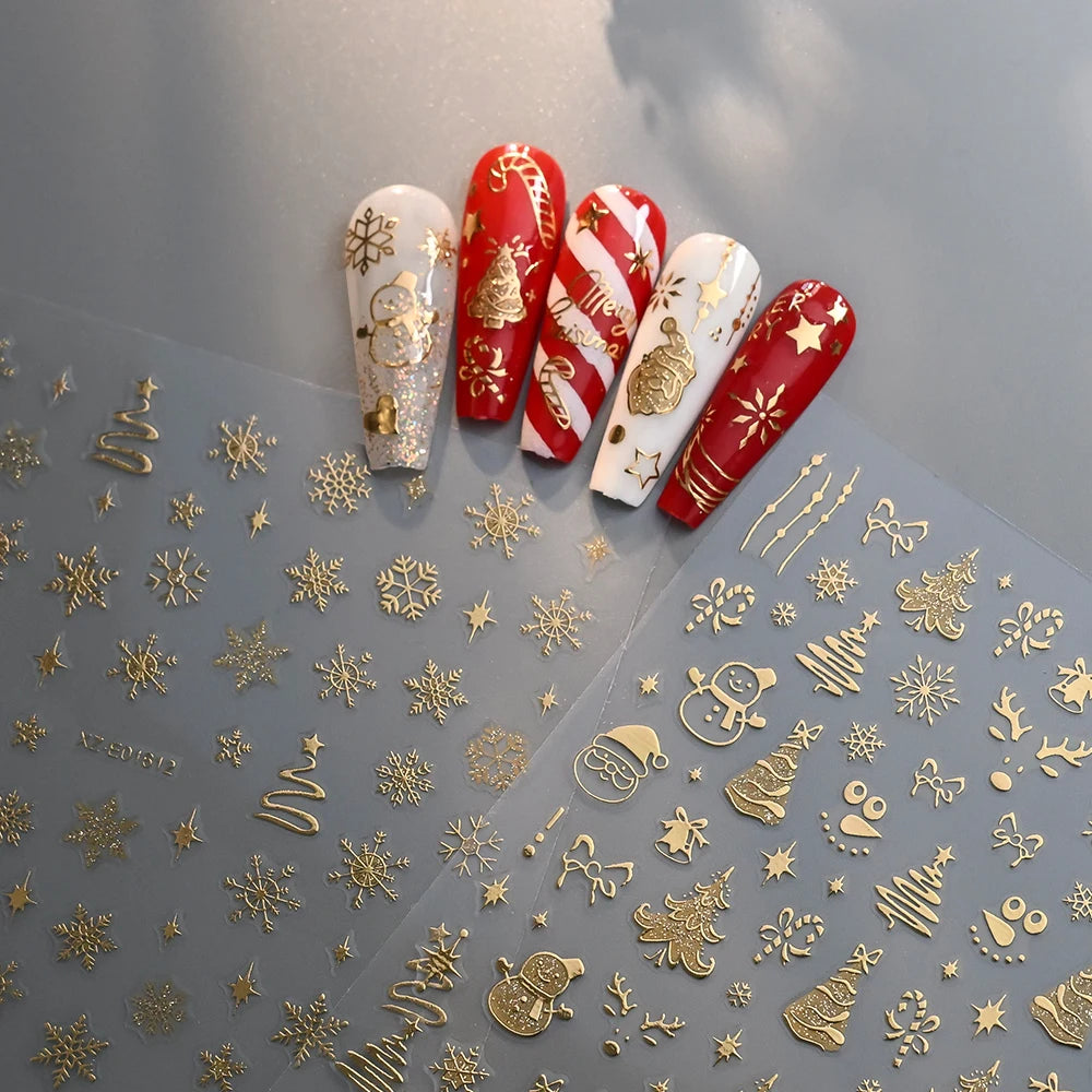 1Pcs 3D Gold Santa Claus Christmas Tree Nail Sticker Bronzing Shiny Snowflake Elk Bowknot Star Elegant Winter Xmas Nail Decals&%