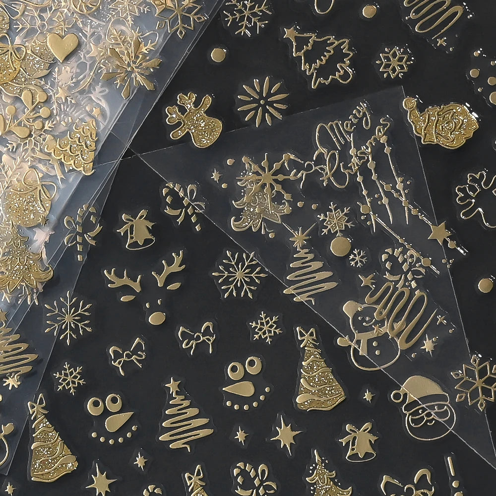 2pcs Luxury Gold Christmas 3D Nail Sticker Glitter Snowflakes Xmas Tree Gingerbread Nail Decals Adhesive Winter Xmas Nail Slider