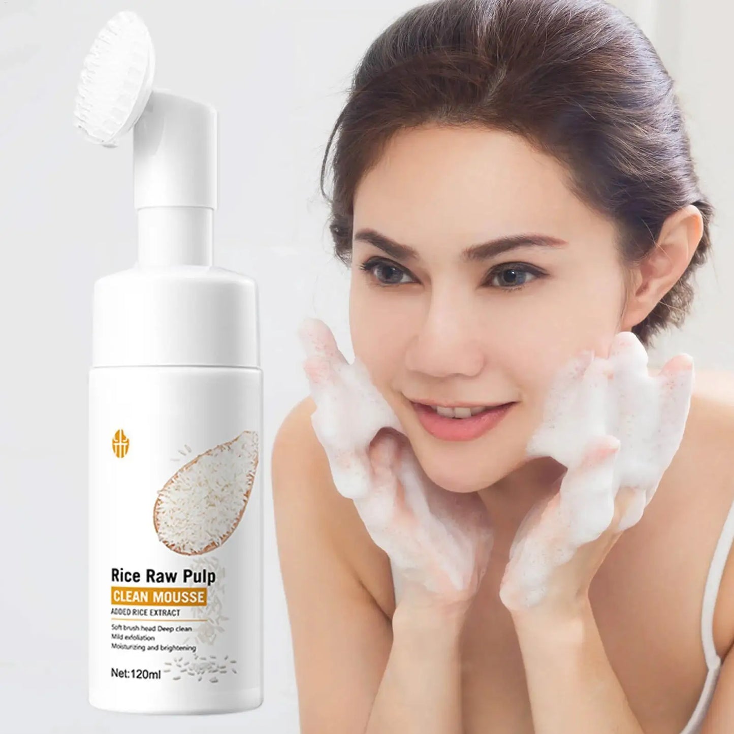 Rice Water Face Cleanser Rice Raw Pulp Foaming Facial Cleanser 120ml Soothing Facial Cleanser With Brush Head Clear Face Wash