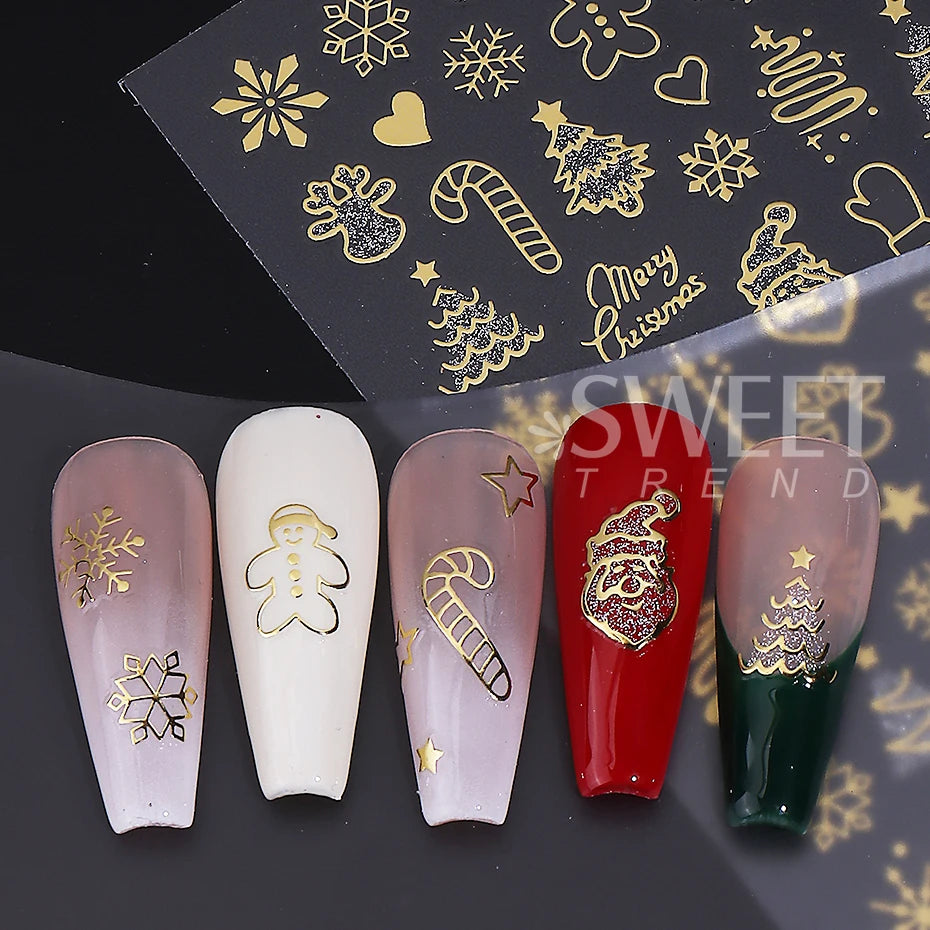 2pcs Christmas Nail Art Stickers Glitter Gold Silver Snowflake Xmas Tree Gingerbread DIY Nail Decoration Winter Manicure Decals