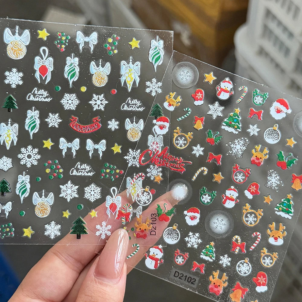 2pcs Luxury Gold Christmas 3D Nail Sticker Glitter Snowflakes Xmas Tree Gingerbread Nail Decals Adhesive Winter Xmas Nail Slider