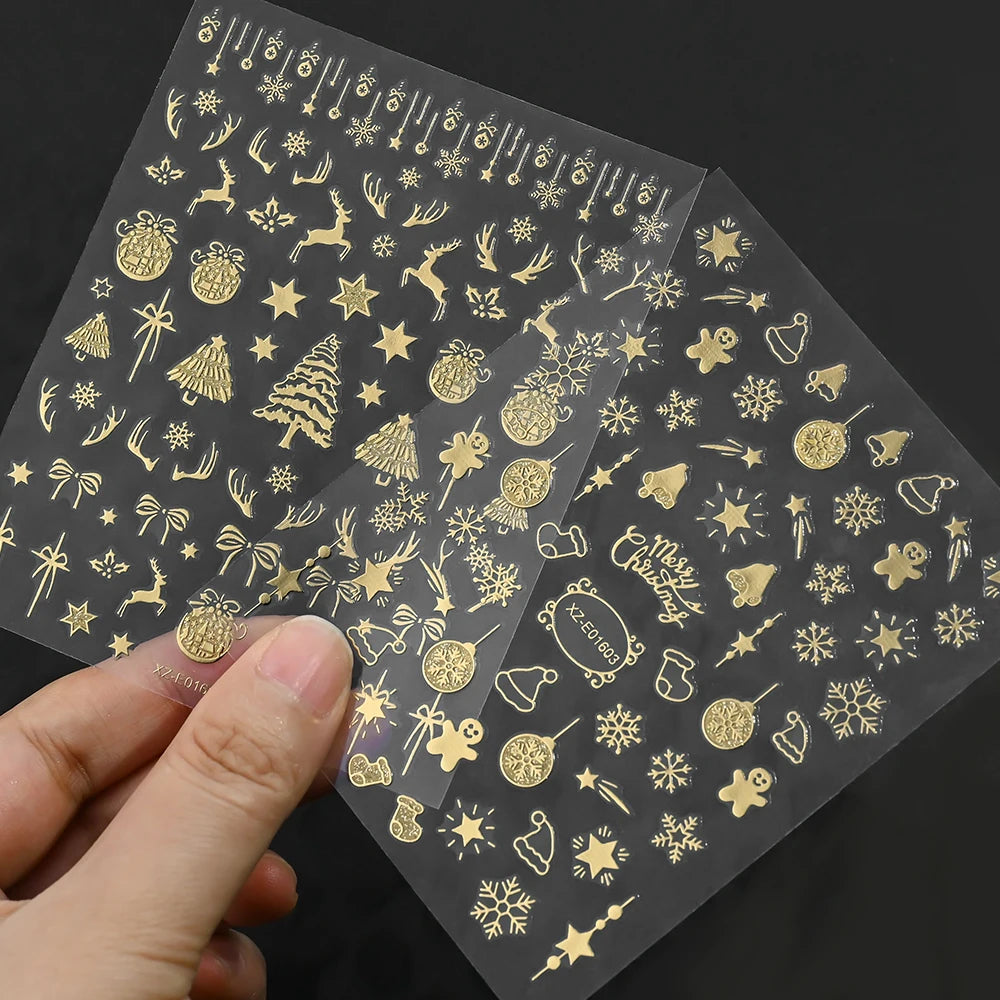 1Pcs 3D Gold Santa Claus Christmas Tree Nail Sticker Bronzing Shiny Snowflake Elk Bowknot Star Elegant Winter Xmas Nail Decals&%