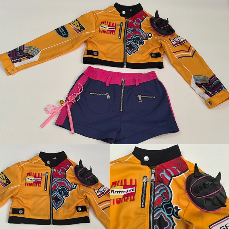 Rumi Cosplay Costume Anime Movie KPop Demon Hunters Yellow Jacket Huntrix Uniform Earrings Shorts Halloween Women Girls