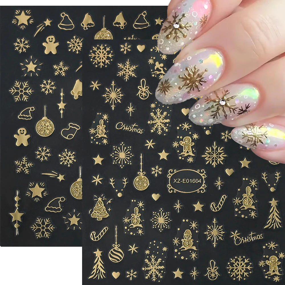 2pcs Luxury Gold Christmas 3D Nail Sticker Glitter Snowflakes Xmas Tree Gingerbread Nail Decals Adhesive Winter Xmas Nail Slider