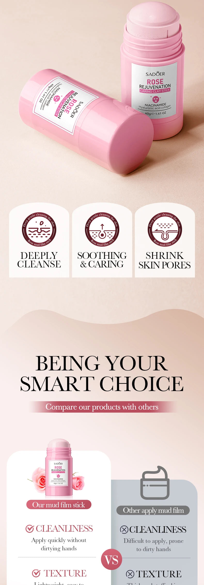 SADOER Rose Face Masks Stick Clay Mask Shrink Pores Deep Blackhead Remover Facial Cleansing Moisturizing