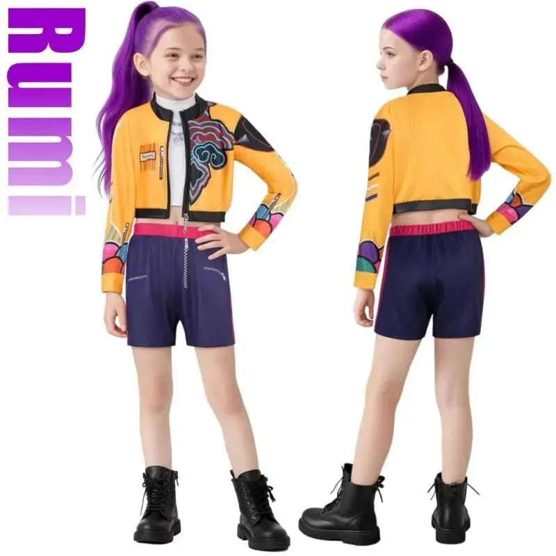 K-Pop Rumi Zoey Mira Demon Hunters Cosplay Costume for Girl Halloween Stage 3D Printed Pattern Role Play Clothes