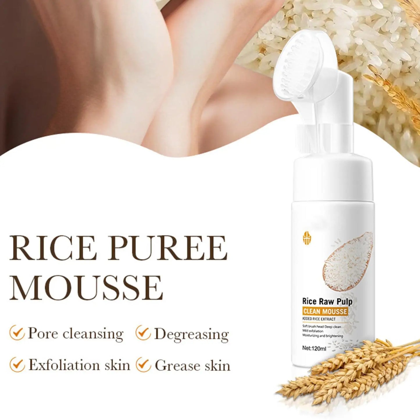 Rice Water Face Cleanser Rice Raw Pulp Foaming Facial Cleanser 120ml Soothing Facial Cleanser With Brush Head Clear Face Wash