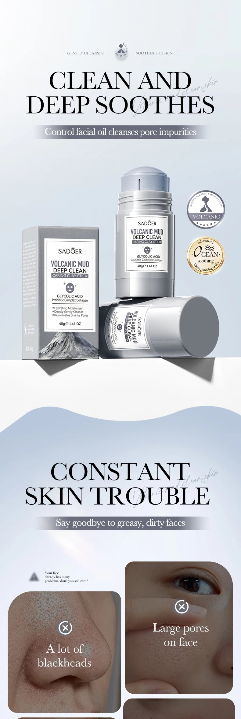 SADOER Green Tea Rose Face Masks Stick Clay Mask Shrink Pores Deep Blackhead Remover Facial Cleansing Moisturizing Facial Masks