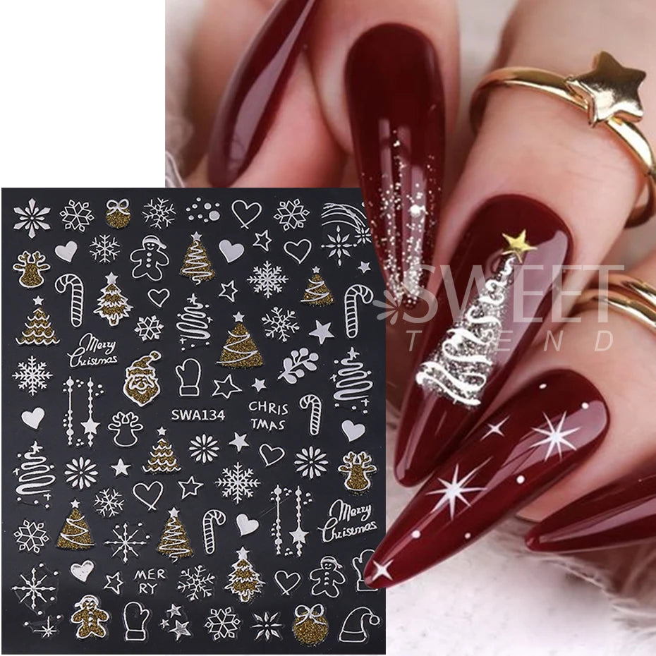 2pcs Christmas Nail Art Stickers Glitter Gold Silver Snowflake Xmas Tree Gingerbread DIY Nail Decoration Winter Manicure Decals
