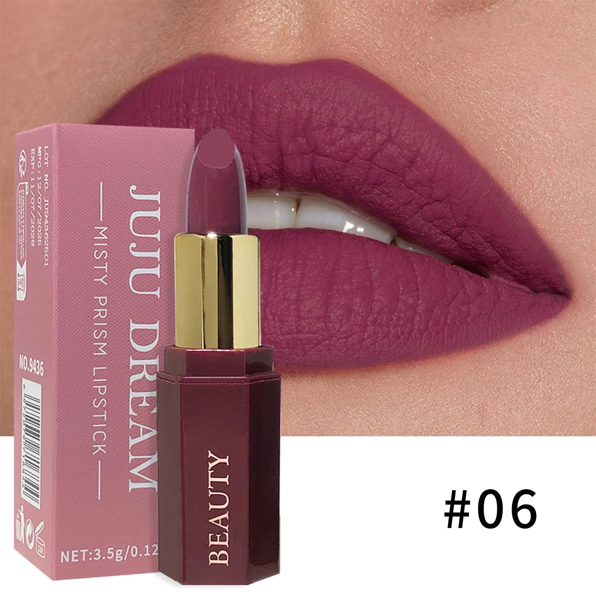 JUJU DREAM Six-color matte lipstick, non-fading non-stick cup, long-lasting velvet luster, matte lipstick waterproof lipstick