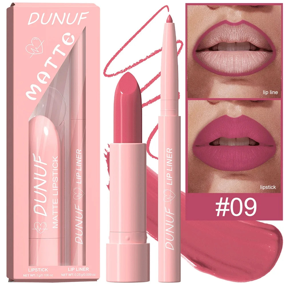 Red Brown Matte Lipstick Lip Liner Set Waterproof Long Lasting Hydrating Non Sticky Contour Lip Makeup