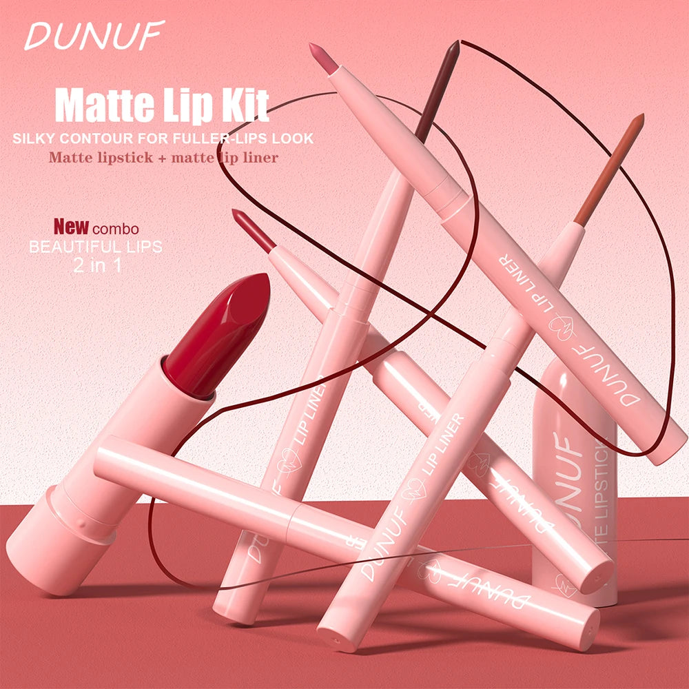 Red Brown Matte Lipstick Lip Liner Set Waterproof Long Lasting Hydrating Non Sticky Contour Lip Makeup