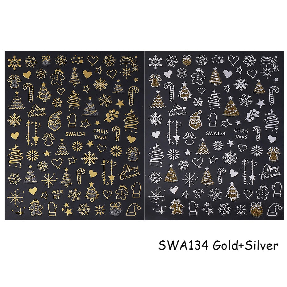 2pcs Gold Silver Christmas Nail Stickers 3D Bronzing Snowflake Xmas Tree Gingerbread Adhesive Decals DIY Winter Manicure Decor
