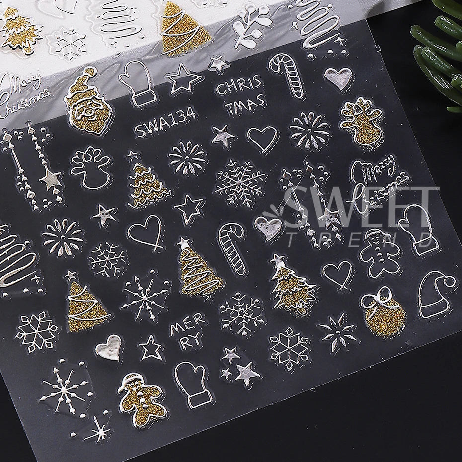 2pcs Christmas Nail Art Stickers Glitter Gold Silver Snowflake Xmas Tree Gingerbread DIY Nail Decoration Winter Manicure Decals