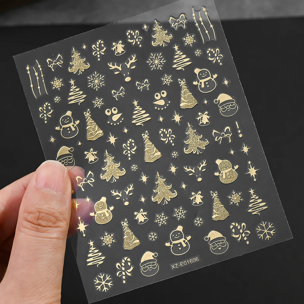 1Pcs 3D Gold Santa Claus Christmas Tree Nail Sticker Bronzing Shiny Snowflake Elk Bowknot Star Elegant Winter Xmas Nail Decals&%