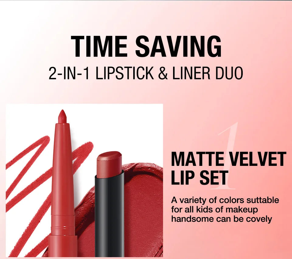 2Pcs/Set Matte Lipstick Lip Liner Pencil Non-Stick Cup Long-Lasting Velvet Red Lipstick Pen Smooth Lipliner Waterproof Makeup