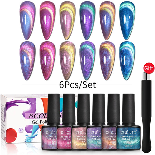 PUENTE 6pcs/set Aurora Shell Thread Cat Magnetic Gel Nail Polish 9D Aurora Glitter Pearl Cat Eye Soak Off UV Nail Art Varnish