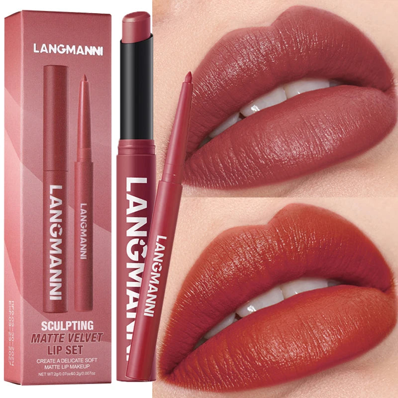 2Pcs/Set Matte Lipstick Lip Liner Pencil Non-Stick Cup Long-Lasting Velvet Red Lipstick Pen Smooth Lipliner Waterproof Makeup