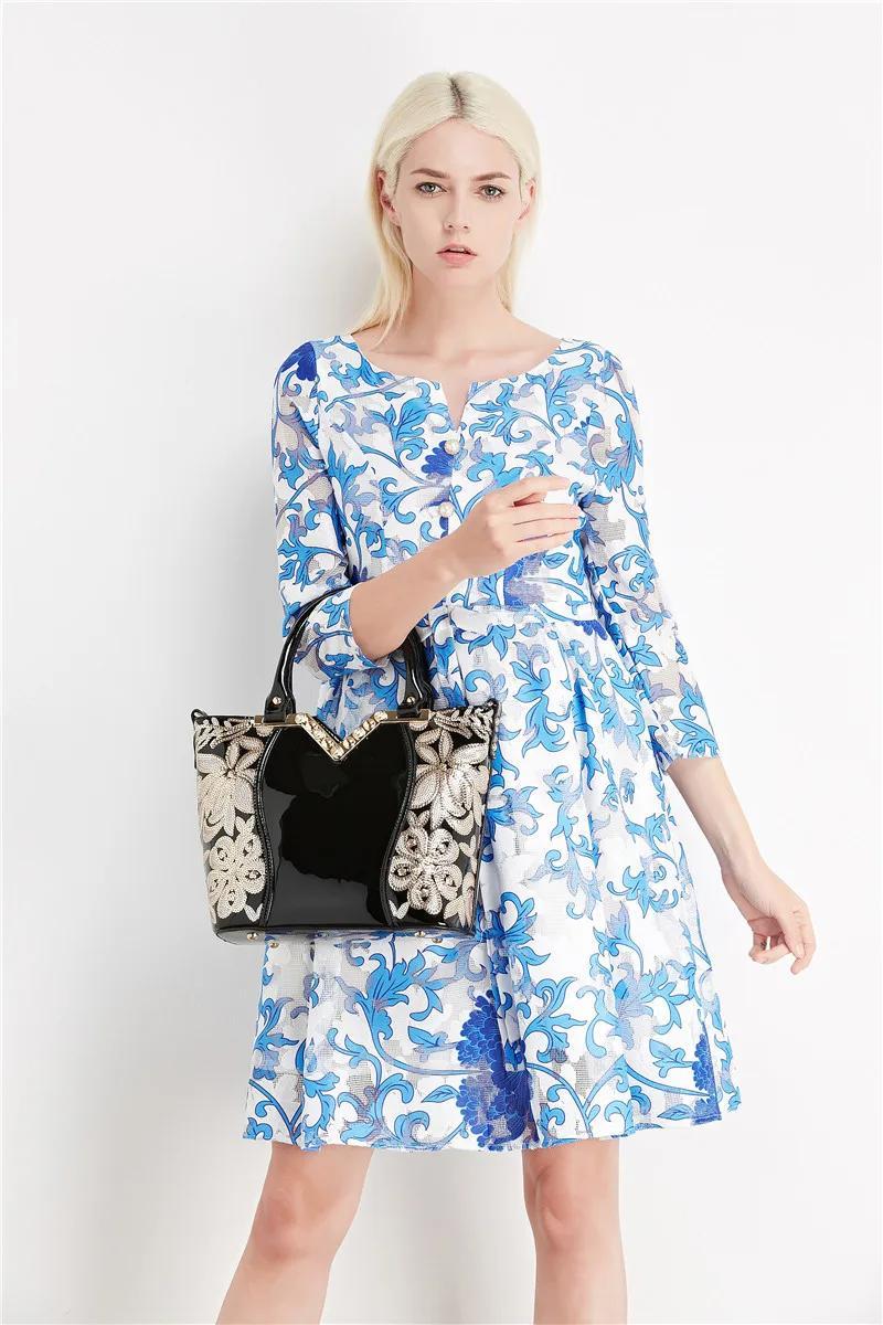 Designer Floral Embroidery Patent Leather Handbag for Women, Large Capacity Shoulder Tote with Zipper Closure, Polyester Lined, Paint Detail, Party Bag