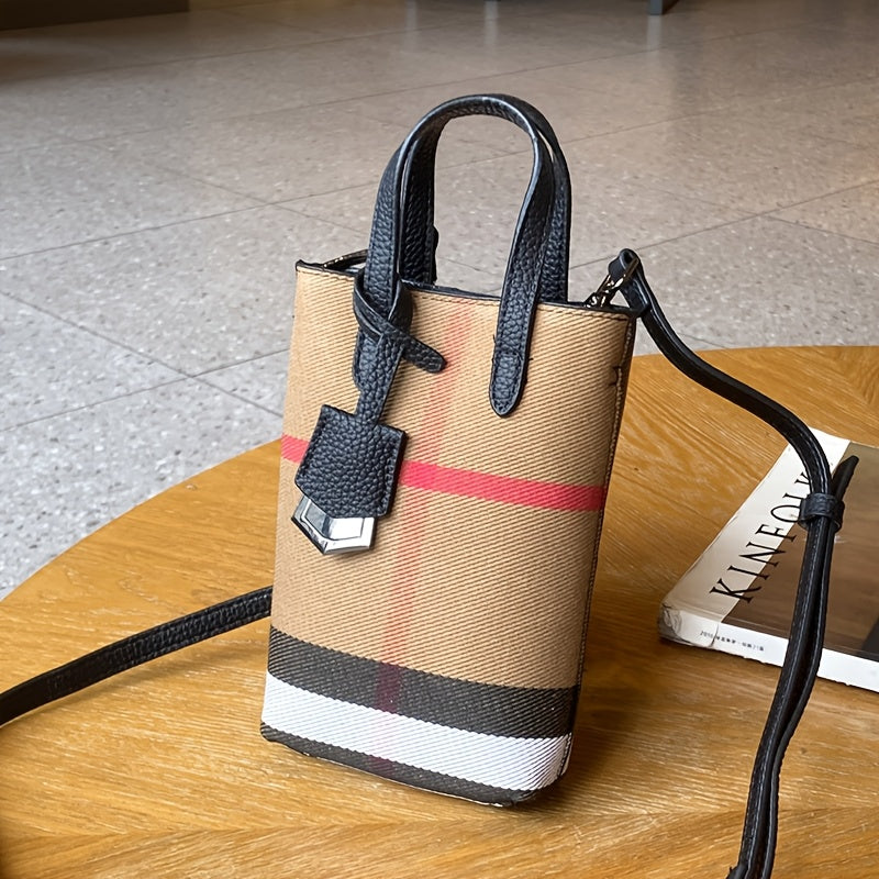 Ondy Women's Retro Caramel & Brown Plaid Handbag with Detachable Strap - Closure Small Crossbody Bag, Golden-Tone Hardware, Phone & Keys Holder, Synthetic Lining, Versatile Everyday & Formal Purse for Commuting, Work, Travel