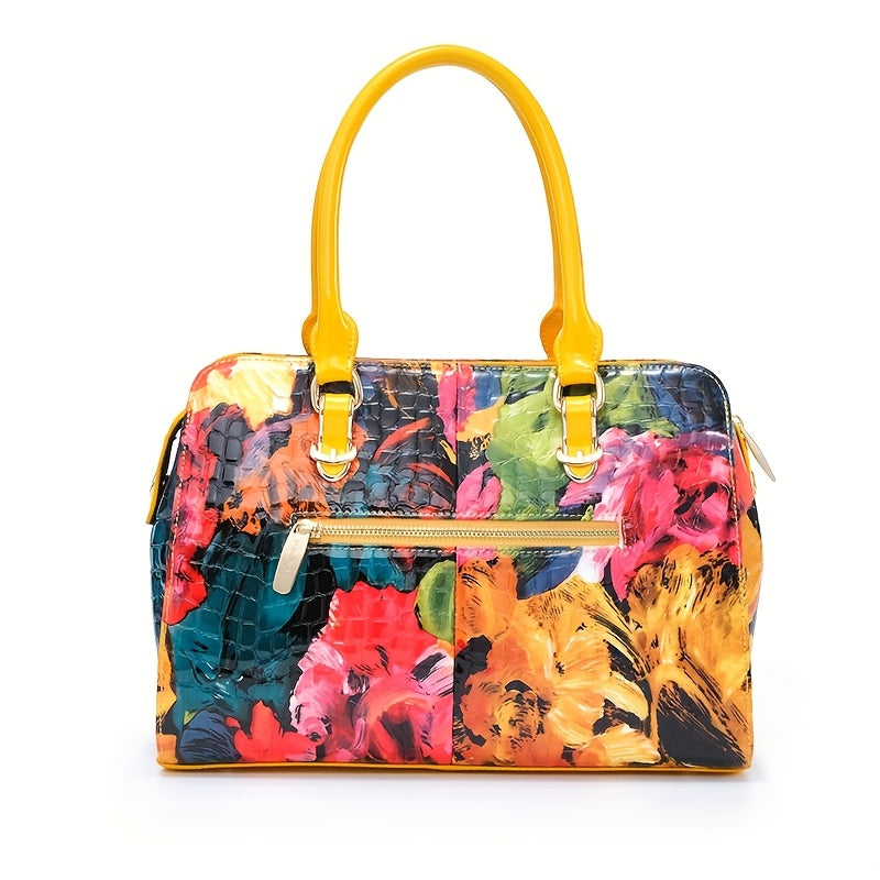 Women's Large Luxury Patent Leather Handbag - Elegant Crocodile-Texture Tote with Adjustable Crossbody Strap, Golden-Tone Hardware & Multi-Compartment Design, Vibrant Yellow & Multicolor Patterns (Pink/Blue/Green/Black) - Bus