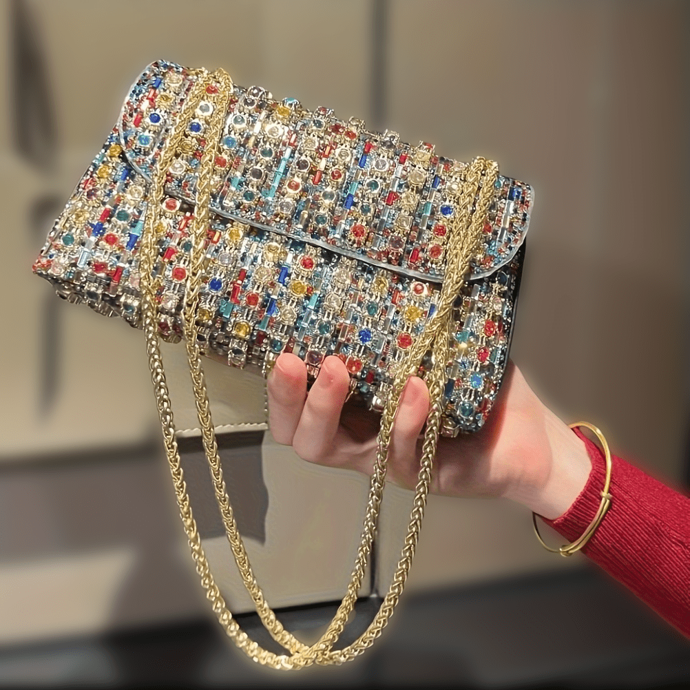 Women's Luxury PU Evening Handbag with Adjustable Strap & Closure - Sparkling -Adorned Multicolor Beaded Mosaic Design, Golden-Tone Hardware, Lightweight Elegant Clutch for Parties, Weddings, Formal Events - Versatile Crossbo