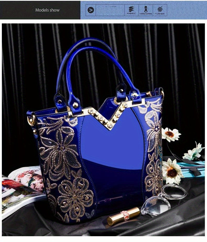 Designer Floral Embroidery Patent Leather Handbag for Women, Large Capacity Shoulder Tote with Zipper Closure, Polyester Lined, Paint Detail, Party Bag
