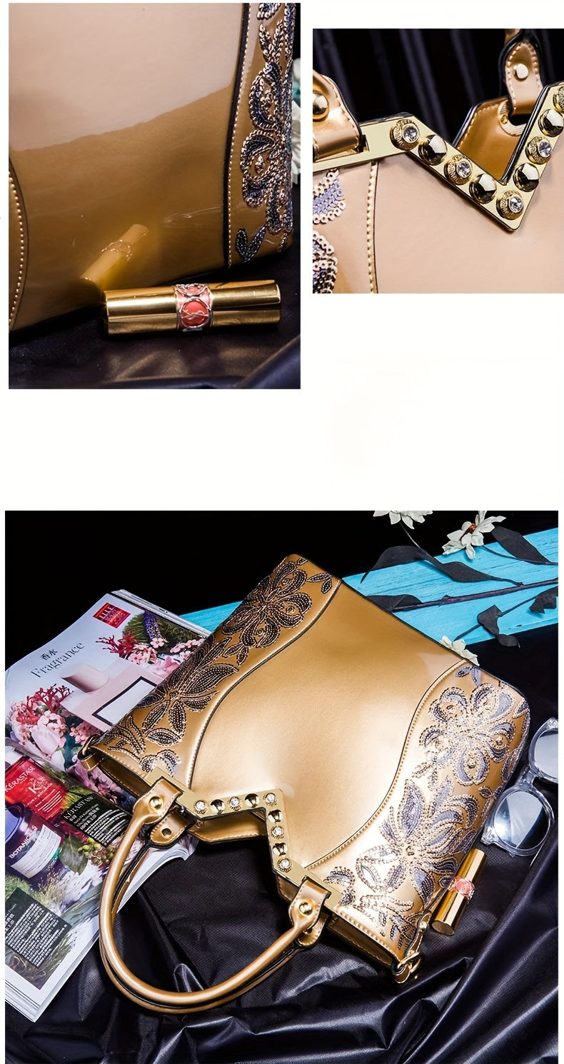 Designer Floral Embroidery Patent Leather Handbag for Women, Large Capacity Shoulder Tote with Zipper Closure, Polyester Lined, Paint Detail, Party Bag