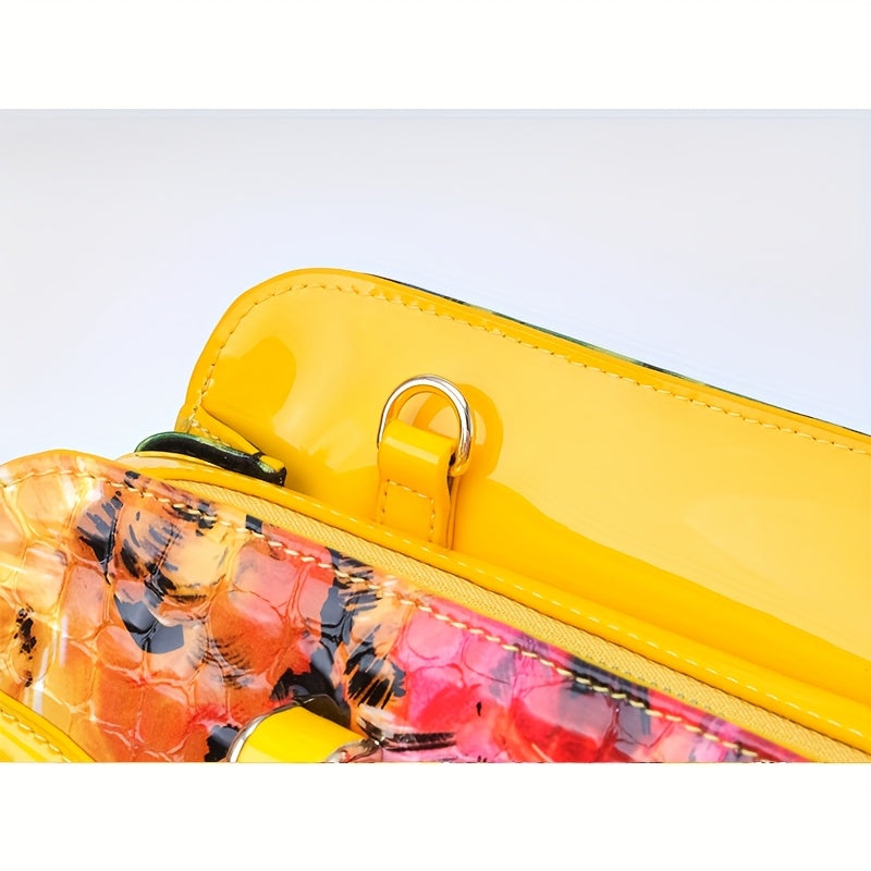Women's Large Luxury Patent Leather Handbag - Elegant Crocodile-Texture Tote with Adjustable Crossbody Strap, Golden-Tone Hardware & Multi-Compartment Design, Vibrant Yellow & Multicolor Patterns (Pink/Blue/Green/Black) - Bus