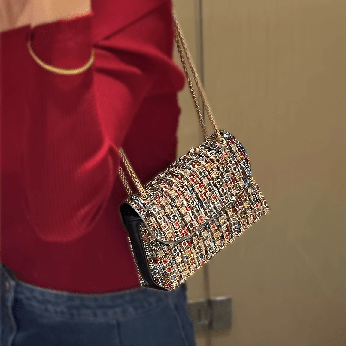 Women's Luxury PU Evening Handbag with Adjustable Strap & Closure - Sparkling -Adorned Multicolor Beaded Mosaic Design, Golden-Tone Hardware, Lightweight Elegant Clutch for Parties, Weddings, Formal Events - Versatile Crossbo